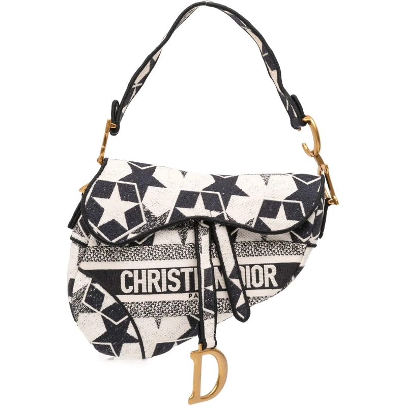 Christian Dior Schultertasche Embroidered Canvas Stars Saddle Bag weiß