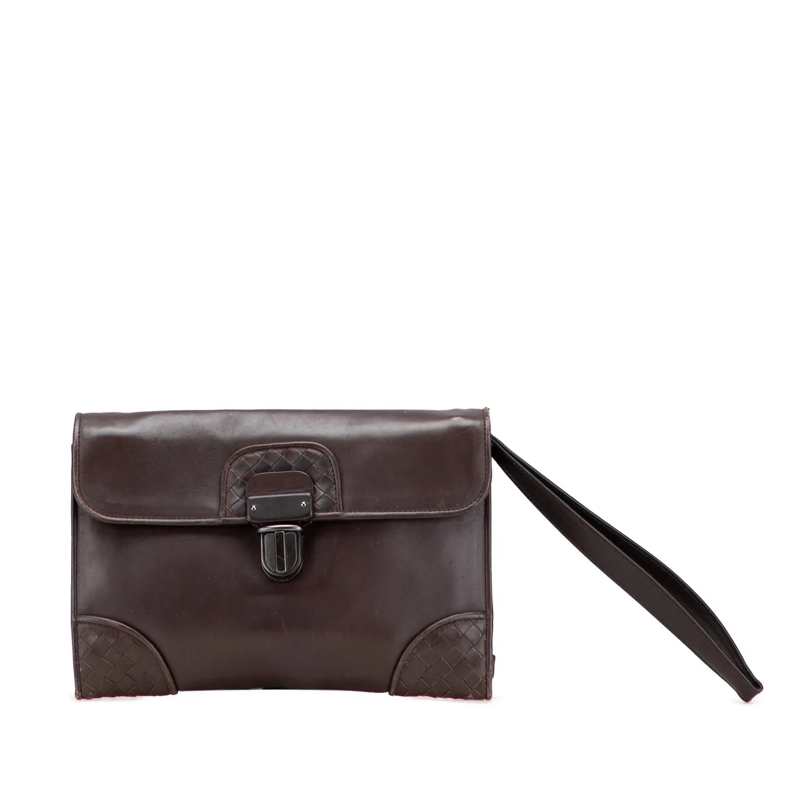Bottega Veneta Pochette Intrecciato Trimmed Leather Clutch braun