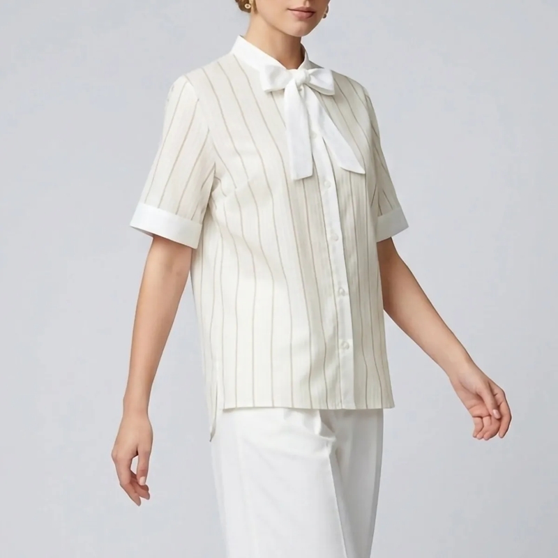 Helene Galwas Bluse Gestreifte Baumwollbluse mit Seidenschleifenkragen beige(Image 2)