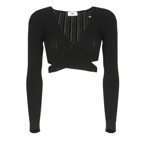 Elisabetta Franchi Hauts à manches longues Black Viscose Top With Deep V-Neck Black