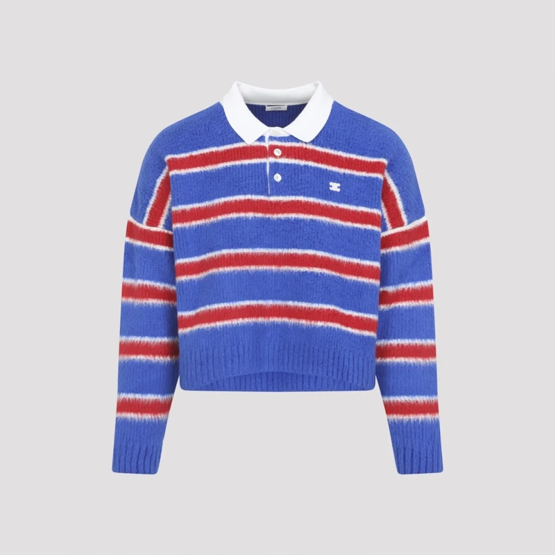 Celine Trui Horizontal Striped Knitted Polo Shirt Blue
