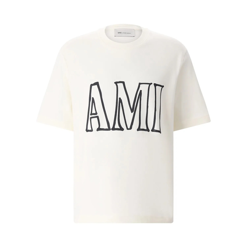 AMI Paris T-Shirt Off White Cotton T-Shirt With Double Logo Neutrals(Image 2)