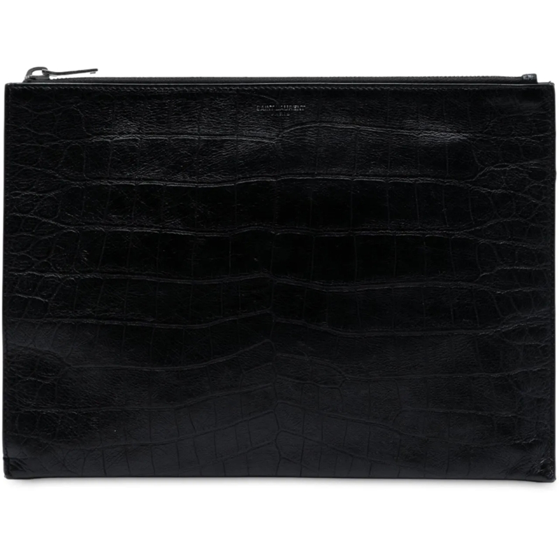 Saint Laurent Pochette Croc Embossed Leather Clutch schwarz