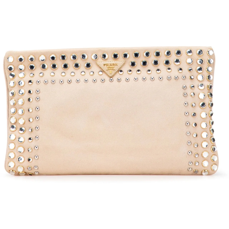 Prada Pochette Canvas Canapa Studded Vernice Clutch braun