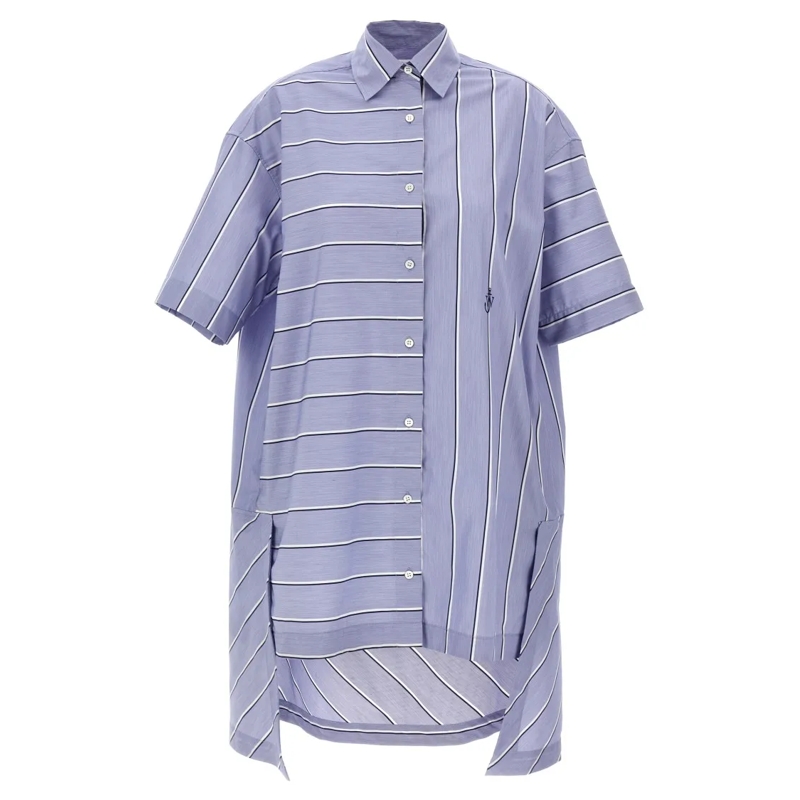 J.W.Anderson Mini-robe Patchwork Cotton Shirt Dress With Asymmetric Hem Blue