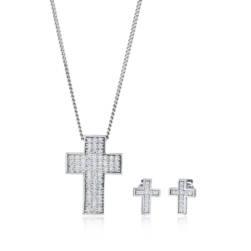 Elli Mittellange Halskette Schmuckset Kette Ohrringe Kreuz Zirkonia Weiß 925  silber