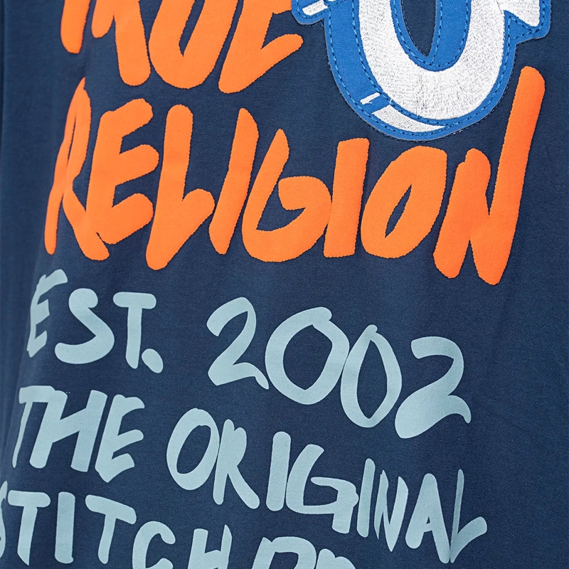 True Religion T-Shirt - Gerader Schnitt- Rundhals- Überschnittende Sch blau(Image 5)