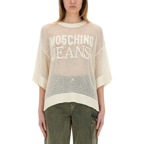 Moschino Pullover Mesh Knit Top With Logo Neutrals