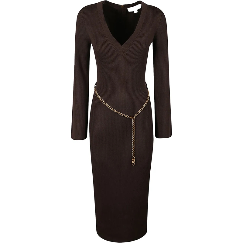 MICHAEL Michael Kors Midikleid V Neck Long Sleeve Dress Brown braun