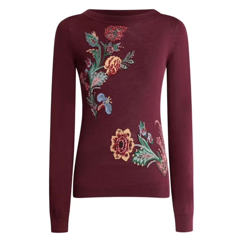 Etro  Intricate Floral Knit Top With Boat Neckline Burgundy
