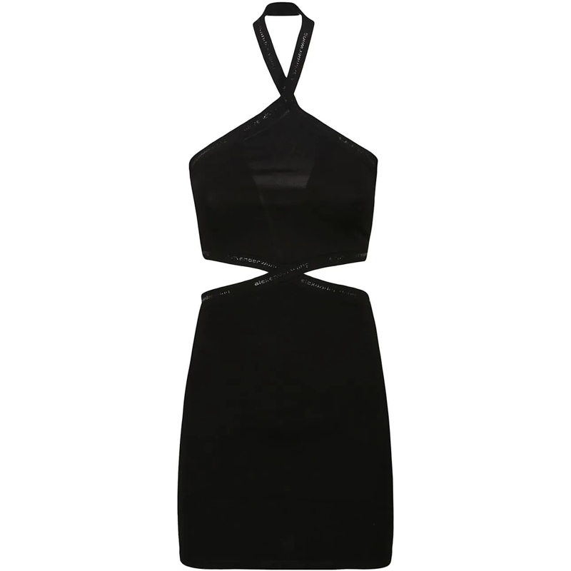 Alexander Wang Midikleid Criss Cross Logo Trim Halter Dress Black schwarz