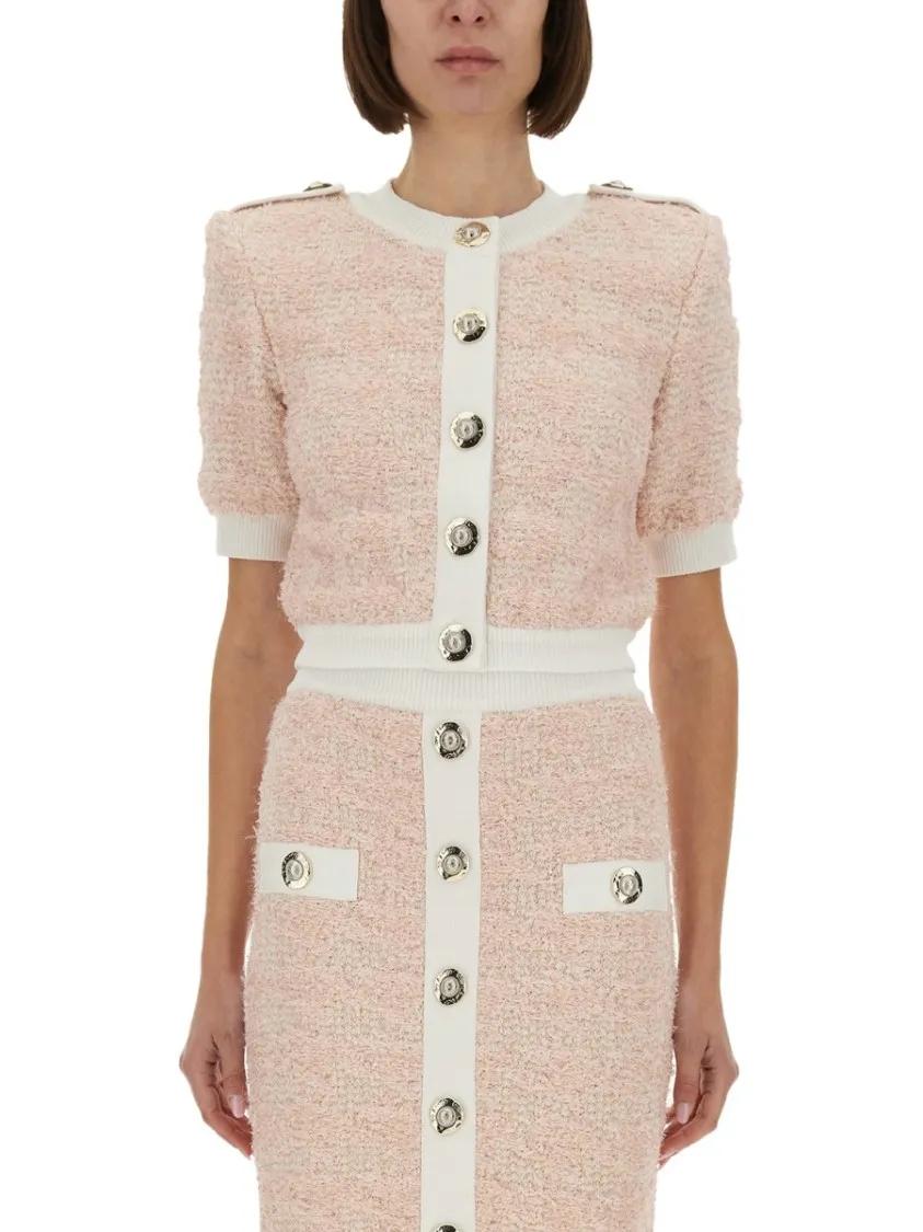Thumbnail - Balmain - Cropped Textured Cardigan With Decorative Button D - Größe 36 - pink