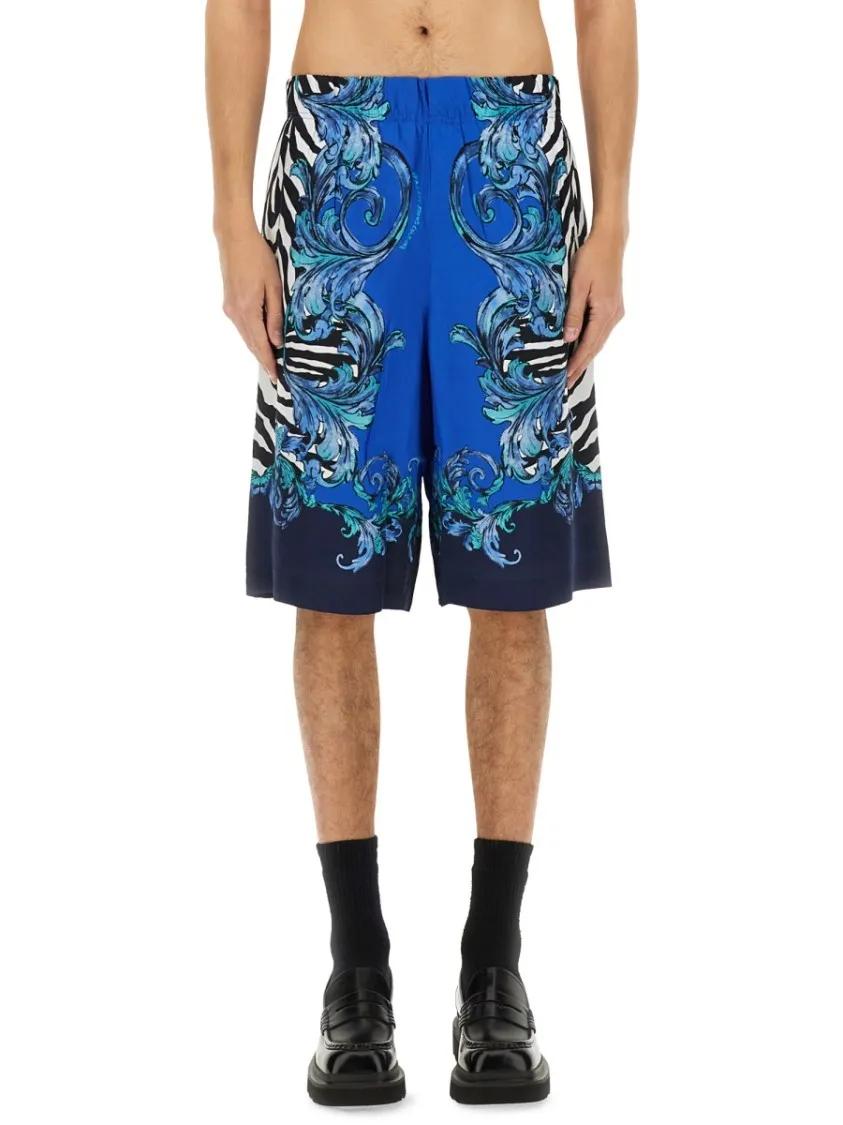 Thumbnail - Versace Jeans Couture - Blue Viscose Shorts With Intricate Patterns - Größe 52 - blau