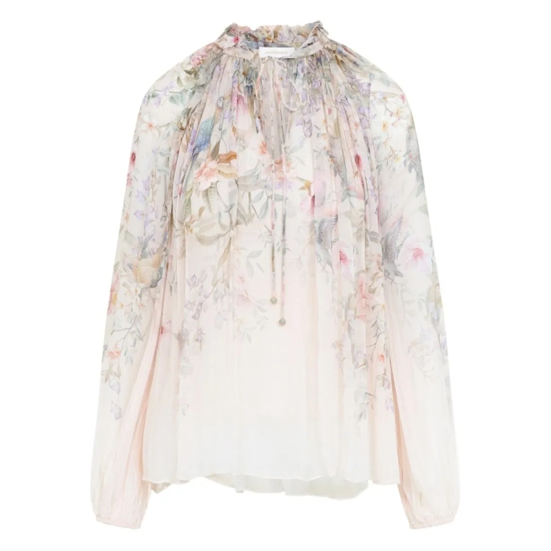 Zimmermann Blouse Beige Floral Print Sheer Blouse With Tie Detail Neutrals