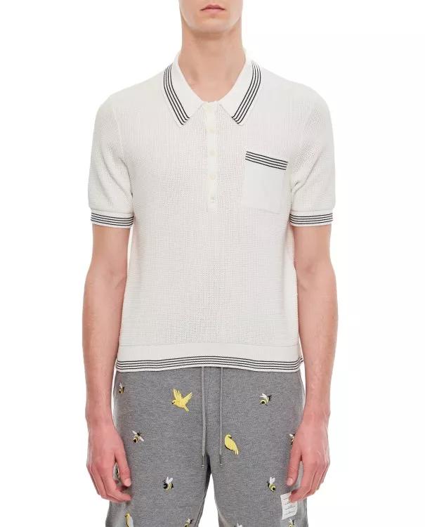 Thom Browne - Open Waffle Stitch Ss Polo In Cotton W/ 4 Bar Stri - Größe 2 - white