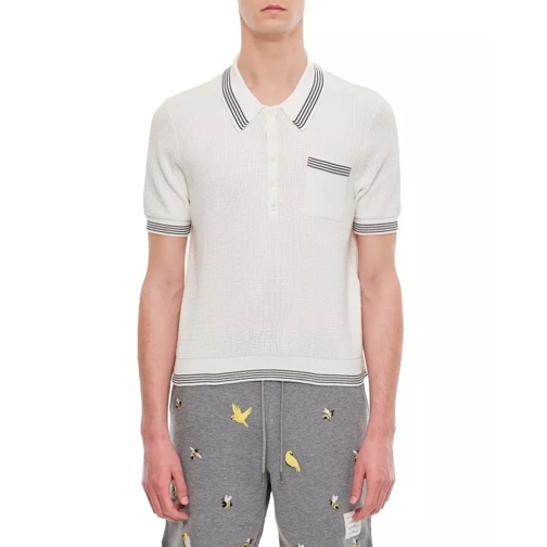 Thom Browne Open Waffle Stitch Ss Polo In Cotton W/ 4 Bar Stri White 