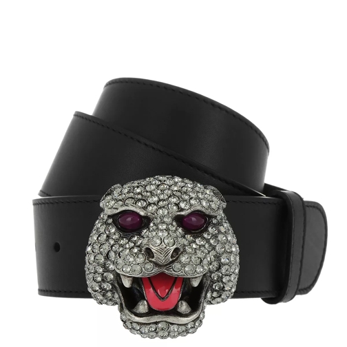 Gucci Leather Belt with Crystal Feline Head Black/Silver Leren Riem