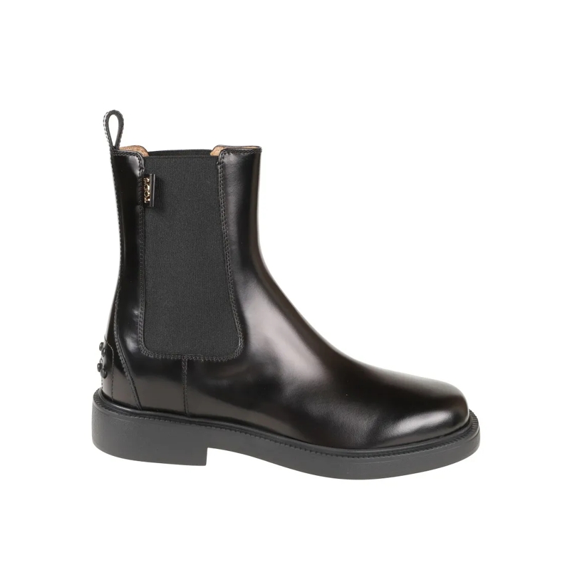 Tod's Bottes Polished Leather Ankle Boots With Elastic Side Pan Black