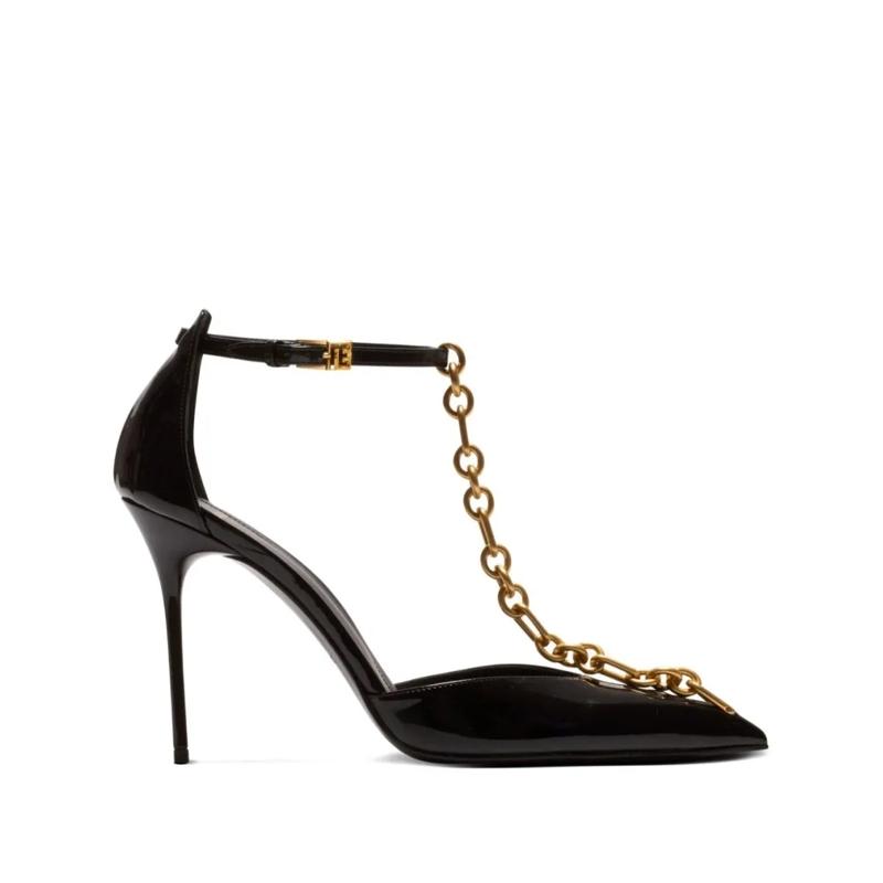 Balmain Pumps Glossy Pointed-Toe Pumps With Gold Chain Detailing Black