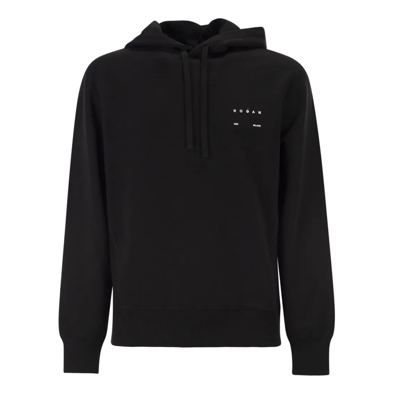Hogan  Hooded Black Cotton Sweatshirt With Ribbed Knit In Black