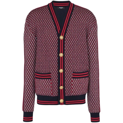 Balmain Strickjacke Monogram-Print Checked Wool Cardigan Red