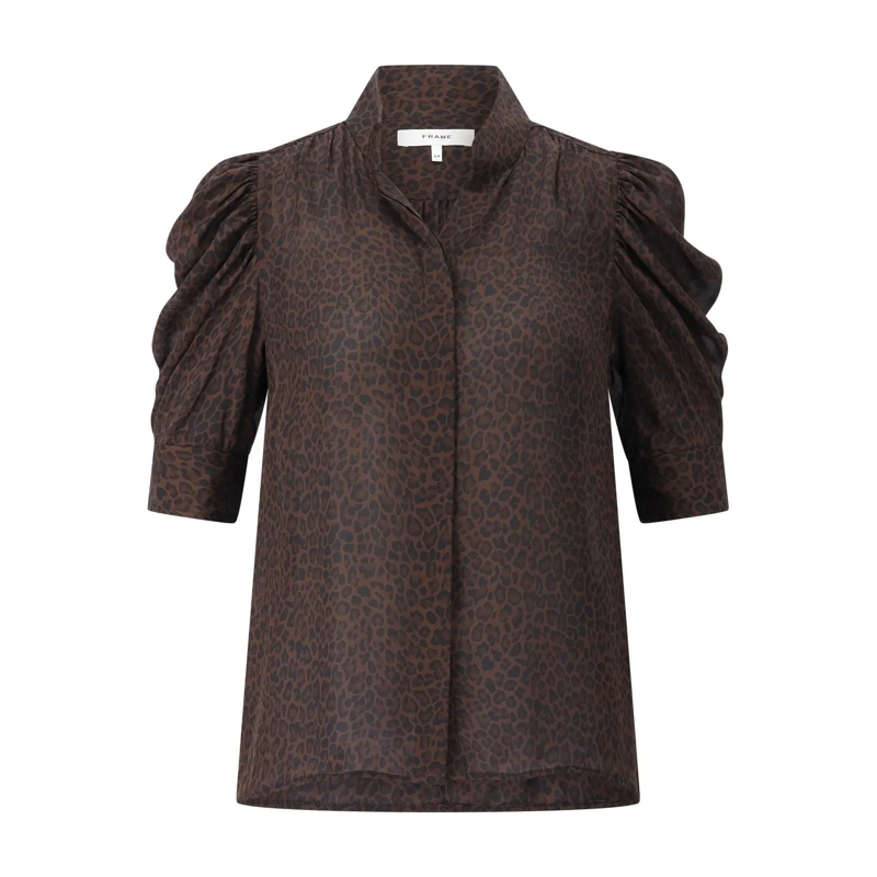 FRAME Blouse Kurzarmbluse mit Animalprint Dunkelbraun