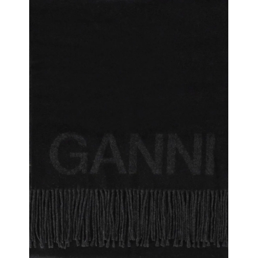 GANNI Écharpe en laine Black Scarf With Logo Black schwarz