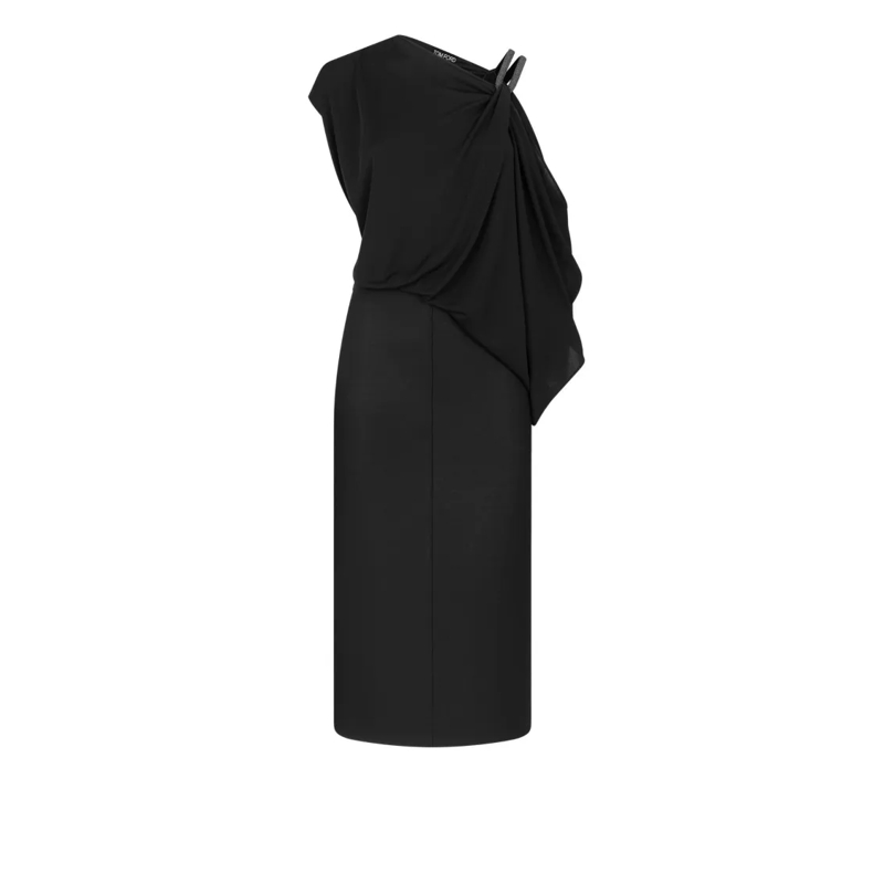 Tom Ford Midi-jurk One-Shoulder Draped Evening Dress With Crystal Str Black