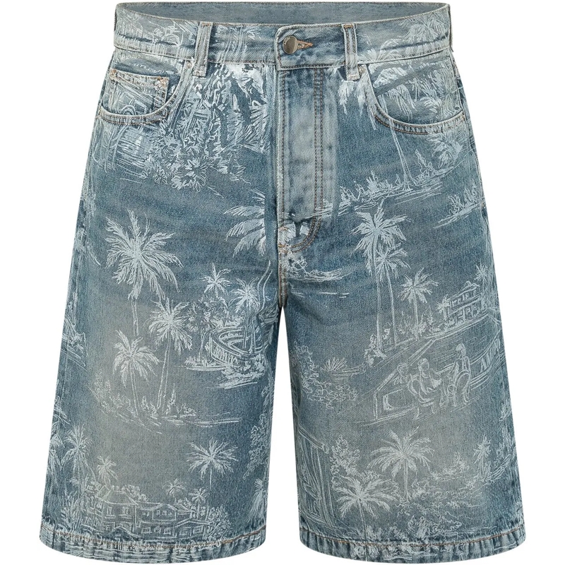Amiri Shorts Chateau Denim Shorts con Stampa Paesaggio blau