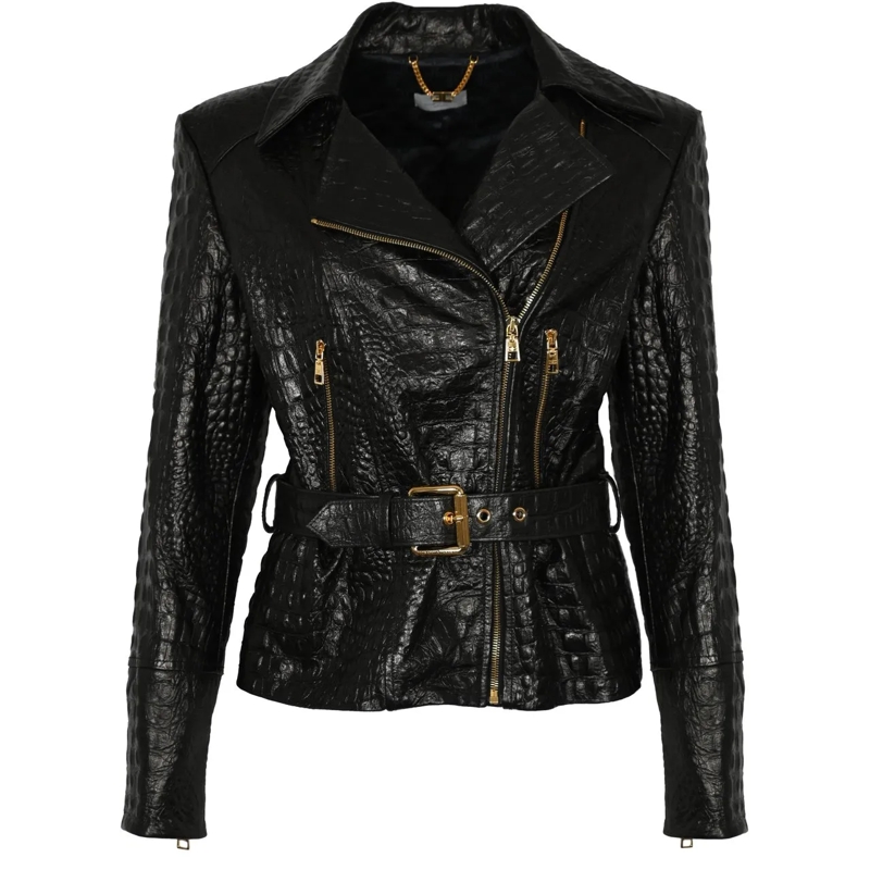 Elisabetta Franchi Veste de transition Textured Sheepskin Leather Jacket With Asymmetrica Black