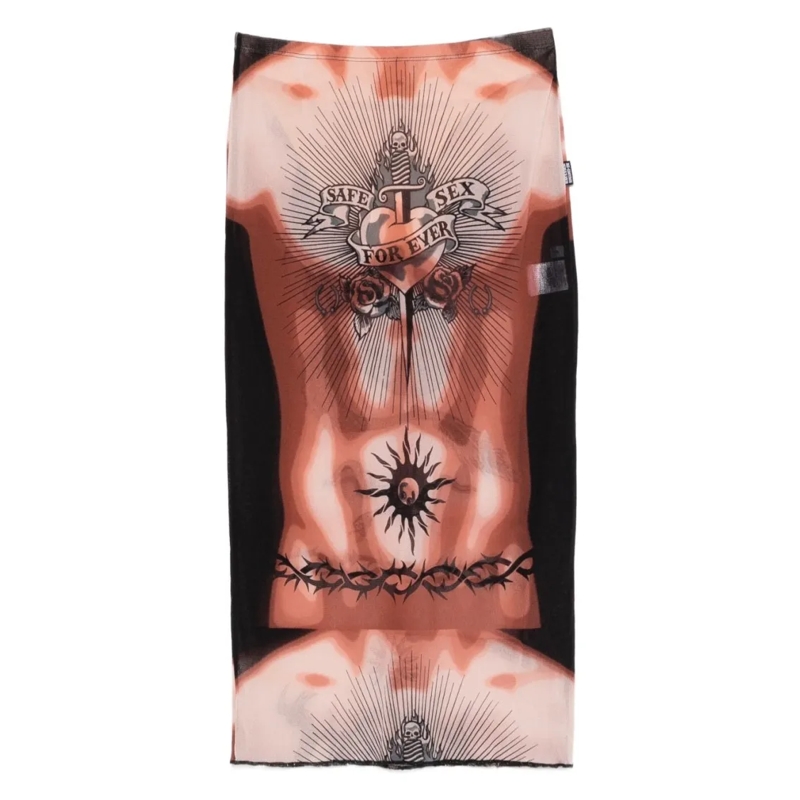 Jean Paul Gaultier Midirok Tattoo-Print Fitted Midi Skirt Pink
