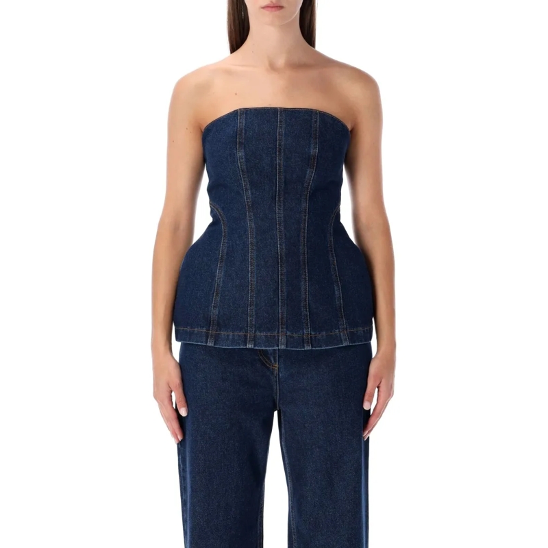 Magda Butrym  Strapless Denim Corset Top Blue