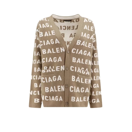 Balenciaga Wool Cardigan With Allover Logo Intarsia Neutrals 