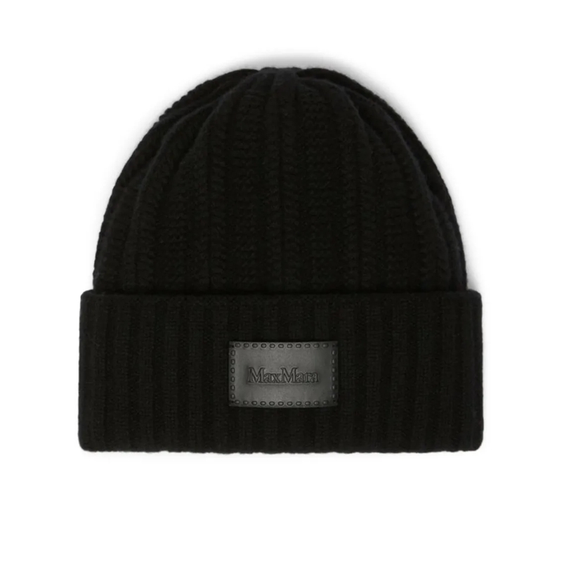 Max Mara Hut Ribbed Knit Beanie With Leather Patch Detail Black