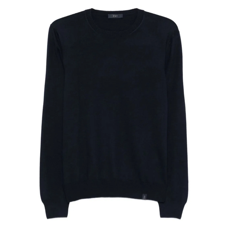 Fay Pull Round Neck Fine Wool Sweater With Ribbed Detailing Black