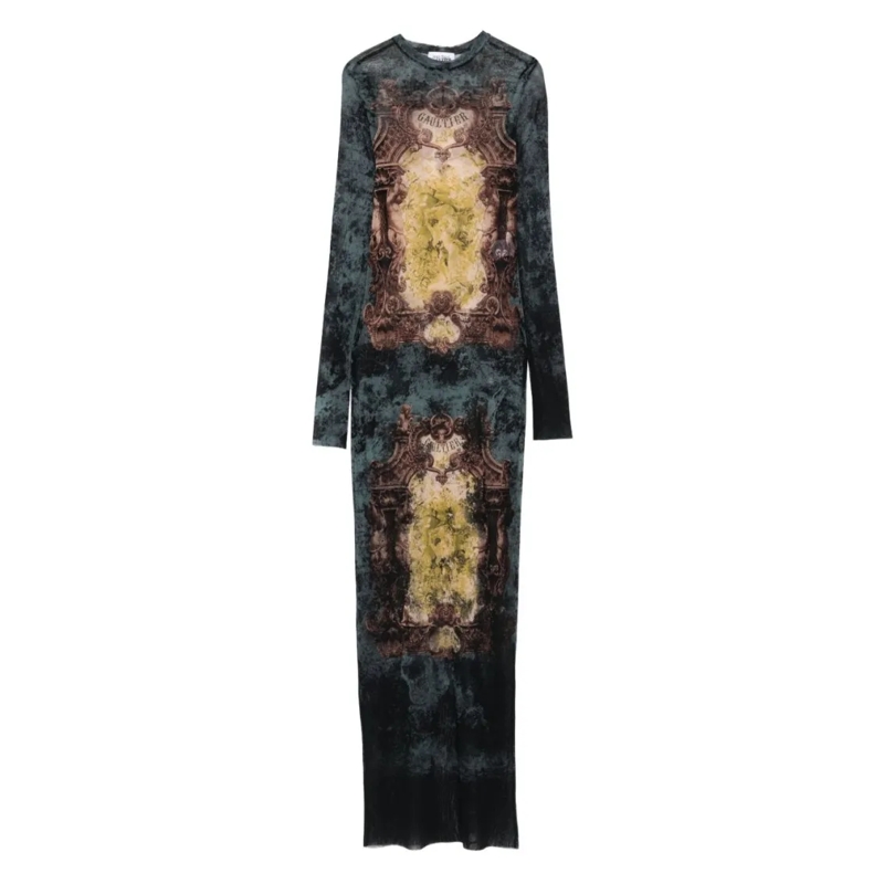 Jean Paul Gaultier  Maxi Dress In Dark Green Sheer Fabric Black
