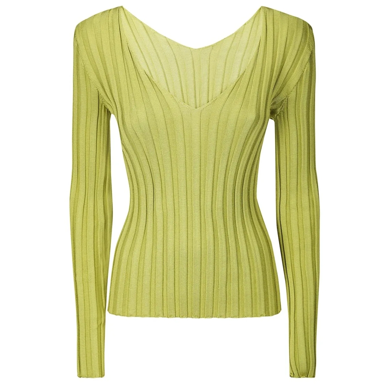 LUSSI Trui Fitted Ribbed Silk Sweater With Deep V-Neckline Green