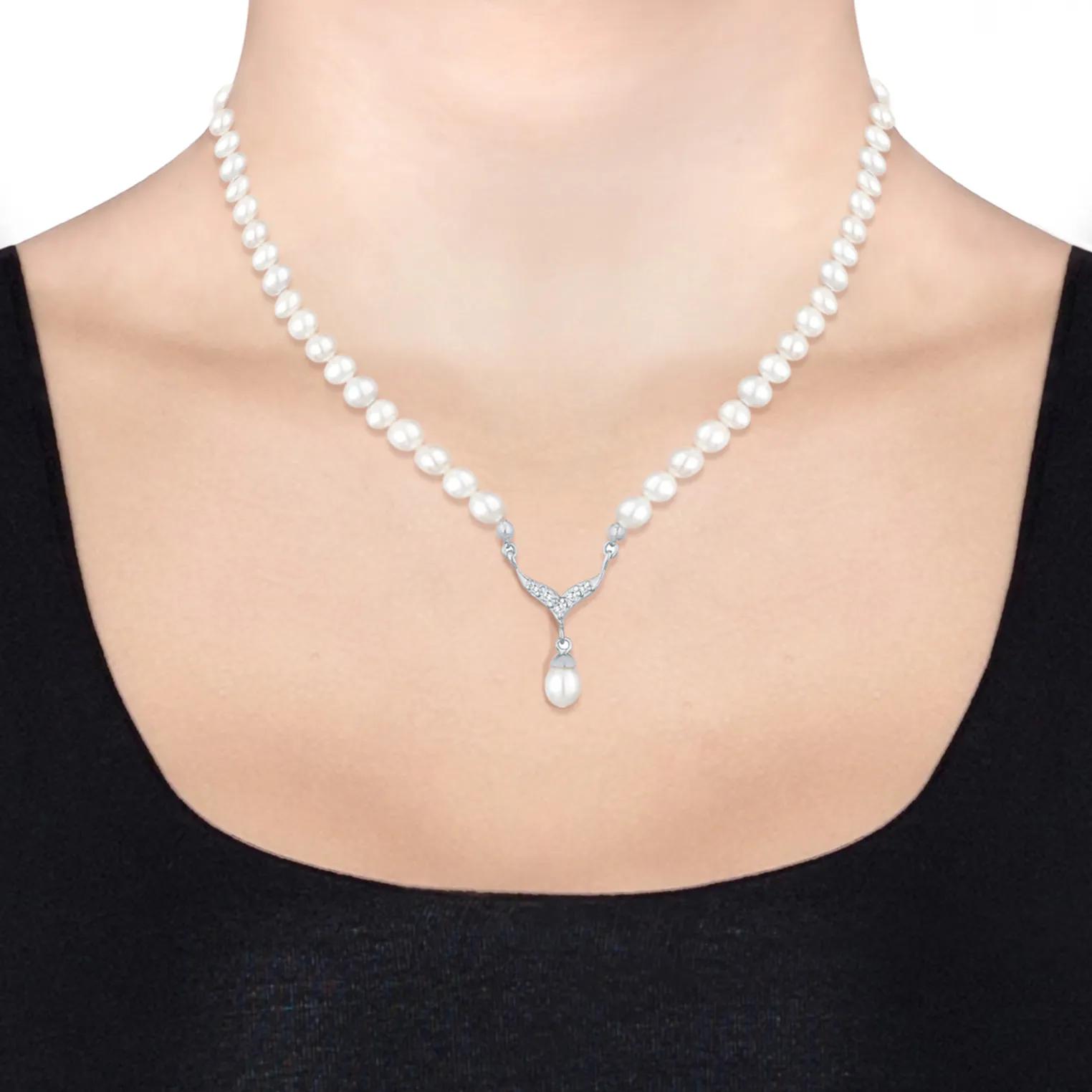 Thumbnail - Elli Halsketten - Schmuckset Perle 925 Silber, mit Kristallen von Sw - Gr. unisize - in Weiß - für Damen