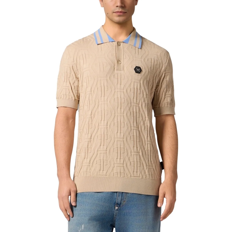 Philipp Plein Top Knitted Polo T-Shirt Jacquard Monogram beige(Image 3)