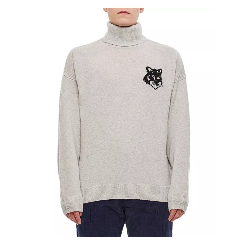 Maison Kitsune Pullover Fox Head Intarsia Logo Turtleneck Sweater grau