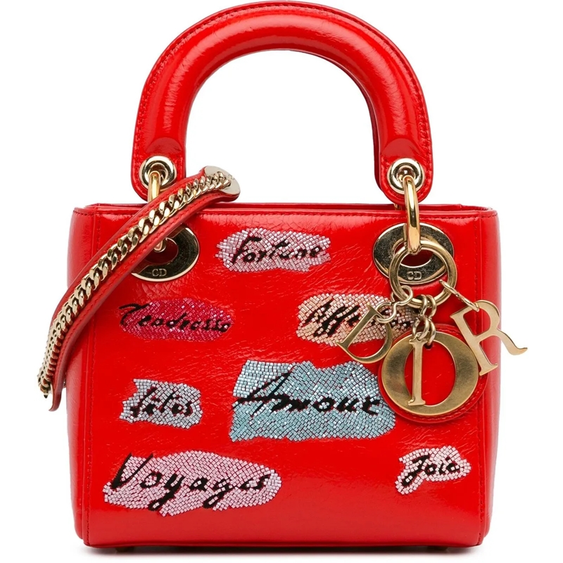 Christian Dior Tote Mini Calfskin Sequin Embellished Lady Dior rot