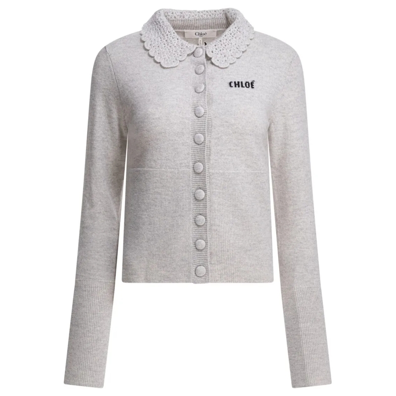 Chloé Strickjacke Fitted Wool Cardigan With Guipure Collar White