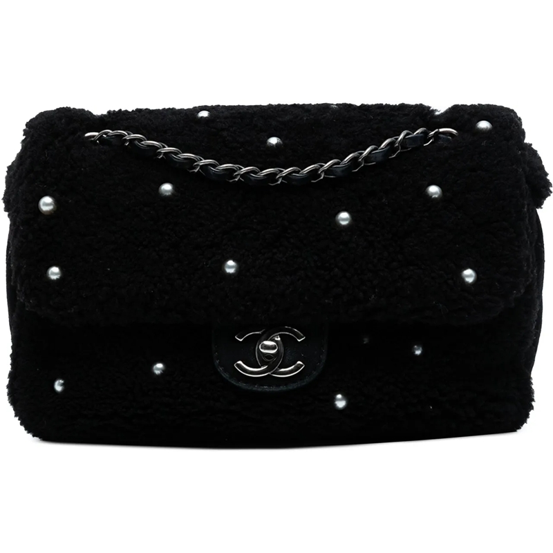 Chanel Sac à bandoulière Medium Shearling Pearl Studded Flap schwarz