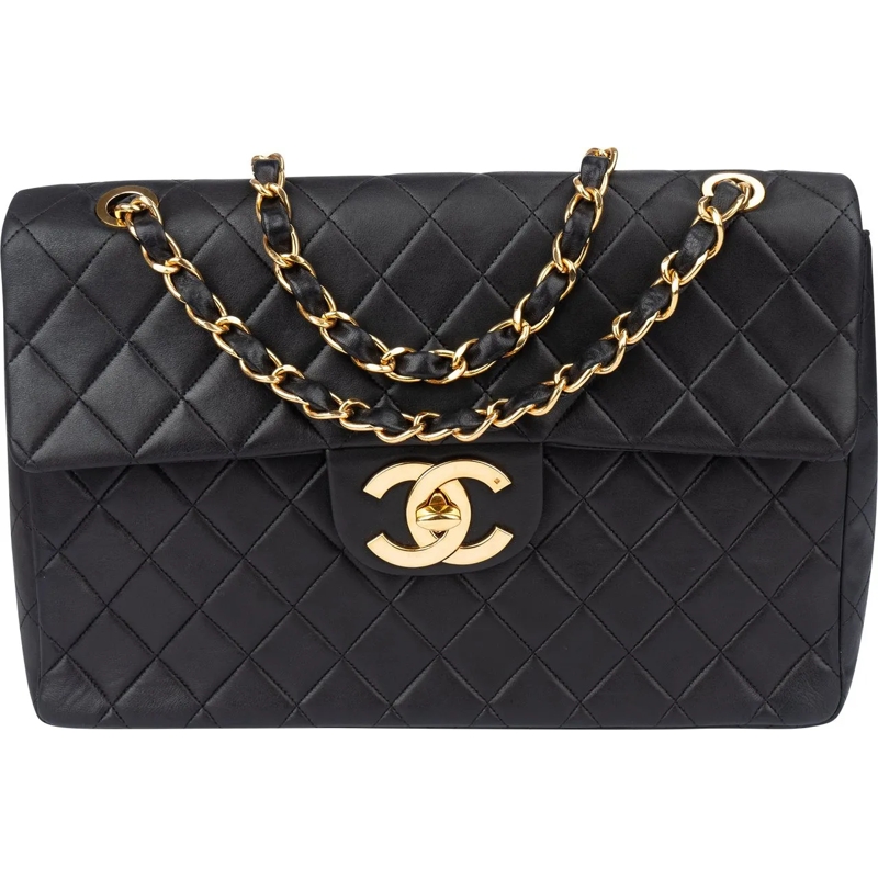 Chanel Sac à bandoulière Chanel Quilted Lambskin 24K Gold Jumbo Single Flap schwarz