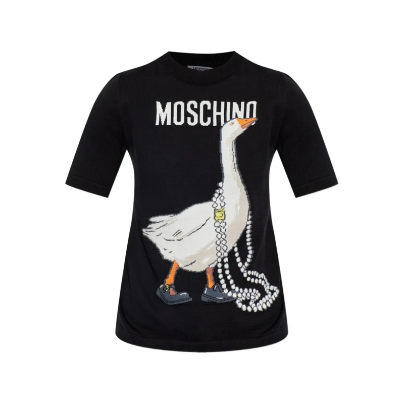 Moschino Trui Goose Graphic Ribbed Knit Top Black