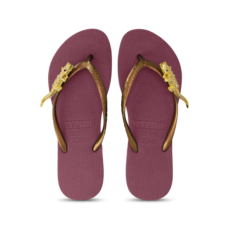 UZURII Flip Flops Zehentrenner Gold Crocodile Switch ruby