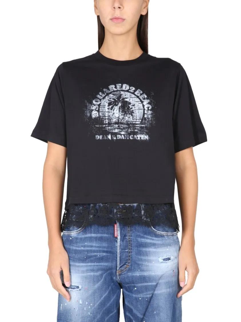 Thumbnail - Dsquared2 - Cropped T-Shirt With Bold Logo Print And Lace Trim - Größe L - schwarz