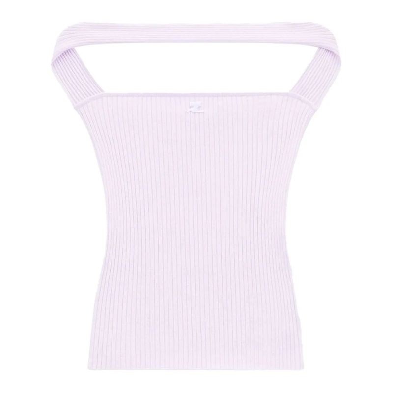 Courrèges Bluse Light Pink Ribbed Knit Top White