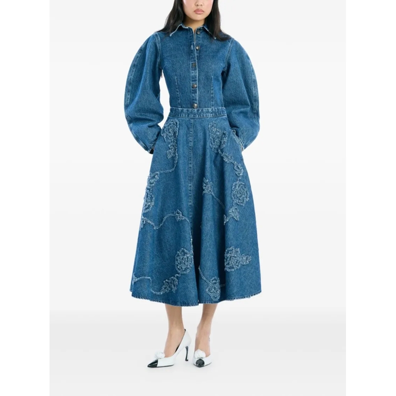 Rotate Maxirock Flared Blue Midi Skirt With Intricate Floral Embro Blue(Image 3)