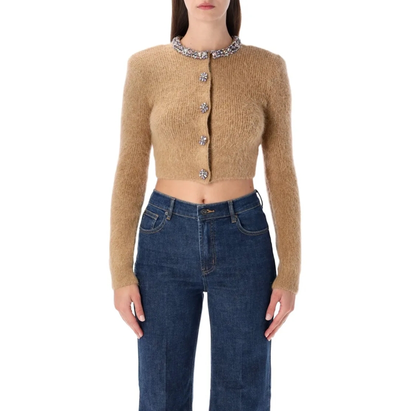 Self Portrait Vest Camel Alpaca Cropped Cardigan With Crystal Trims Brown